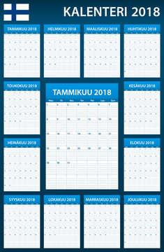 Finnish Planner blank for 2018. Scheduler, agenda or diary template. Week starts on Monday