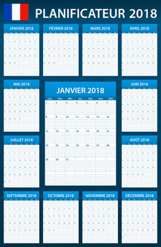 French Planner blank for 2018. Scheduler, agenda or diary template. Week starts on Monday