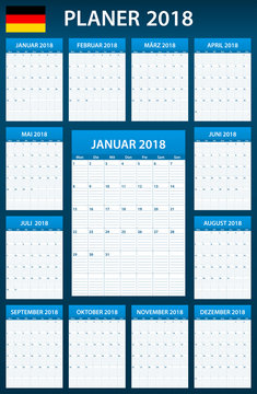 German Planner blank for 2018. Scheduler, agenda or diary template. Week starts on Monday