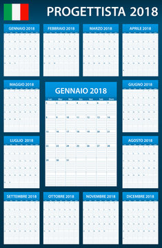 Italian Planner blank for 2018. Scheduler, agenda or diary template. Week starts on Monday