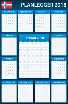Norwegian Planner blank for 2018. Scheduler, agenda or diary template. Week starts on Monday