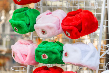decorative classic Russian winter hats. Souvenirs colorfull