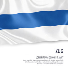 Switzerland state Zug flag waving on an isolated white background. State name and the text area for your message. 3D illustration.