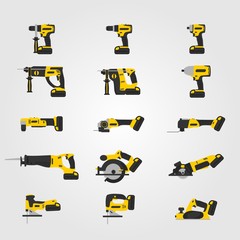 Yellow modern cordless power tools set