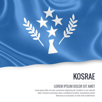 Federated States of Micronesia state Kosrae flag waving on an isolated white background. State name and the text area for your message. 3D illustration.