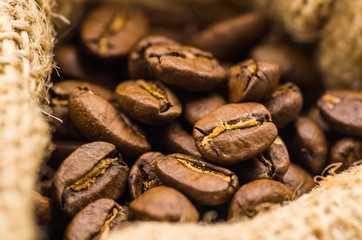coffee beans in a linen bag