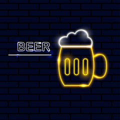 Neon icon for bar and night club Vector illustration White neon inscription Beer and white-yellow neon beer mug sign on dark brick wall background Trendy design and text effect