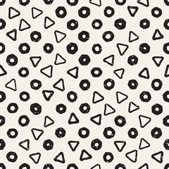 Hand drawn black and white ink abstract seamless pattern. Vector stylish grunge texture. Monochrome scattered shapes paint brush lines