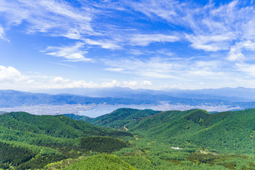Naklejka na ściany i meble Lake Suwa in Nagano seen from the sky 