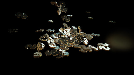Fototapeta premium Signs of dollars falling on a pile. Volumetric models.