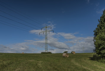 Electric poles on green meadow with hay