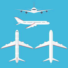 Airplane set in the sky. Commercial airplane in side, top, front and bottom view