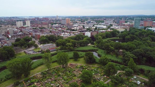 Aerial drone video of The Fenway Garden Society