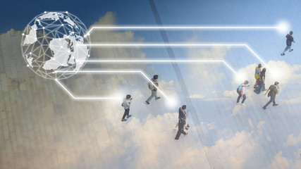 Top view of the concept art of world has social network connect people walk on the pedestrian street walkway with the teenage young man and the group of family with little child. (Aerial photo)