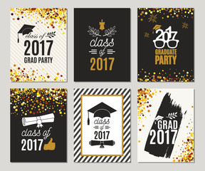 Graduation Class of 2017 greeting cards set. Vector party invitations. Grad posters. Isolated