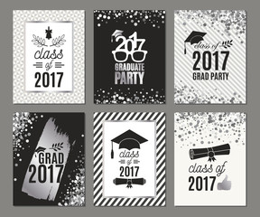 Graduation Class of 2017 silver greeting cards set. Vector party invitations. Grad posters. Isolated
