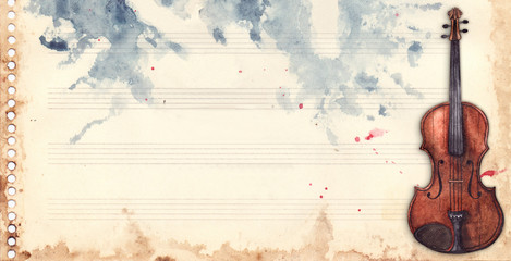 Vintage retro watercolor music sheet violin musical instrument frame background texture grunge backdrop