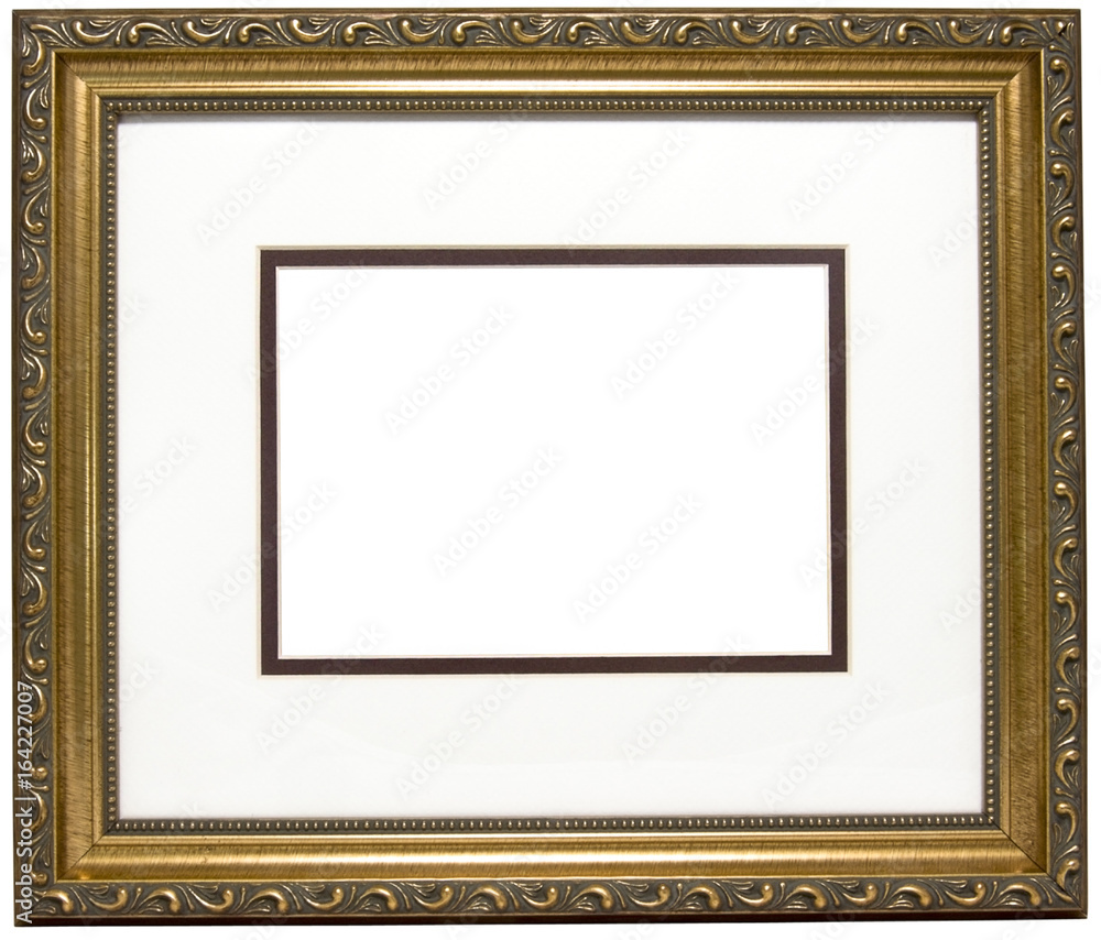Wall mural empty golden wood picture frame and gold matte. oooo...fancy. copy space. isolated.