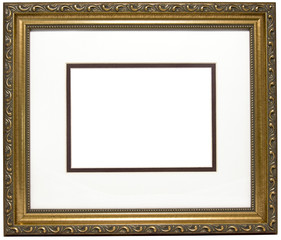 Empty golden wood picture frame and gold matte. Oooo...fancy. Copy space. Isolated.