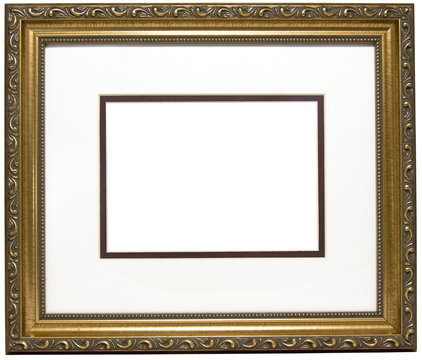 Empty golden wood picture frame and gold matte. Oooo...fancy. Copy space. Isolated.