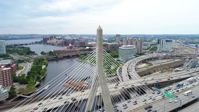 Aerial orbit Leonard P. Zakim Bunker Hill Bridge 4k 60p