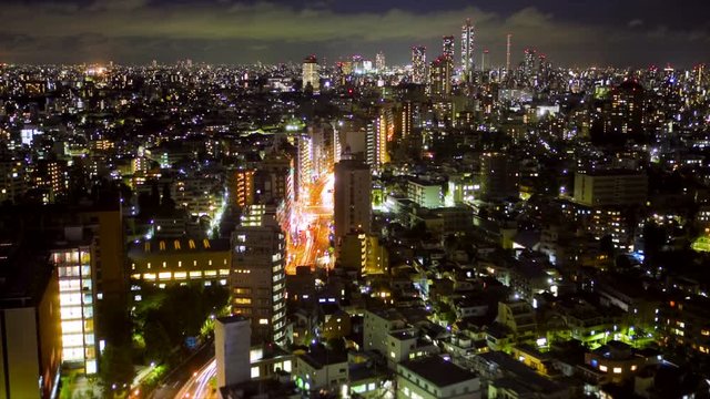 Downtown Tokyo at night, time lapse, view from above