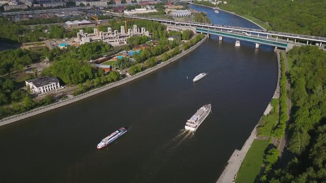 sunny day moscow luzhniki stadium sparrow hills traffic river aerial panorama 4k russia

