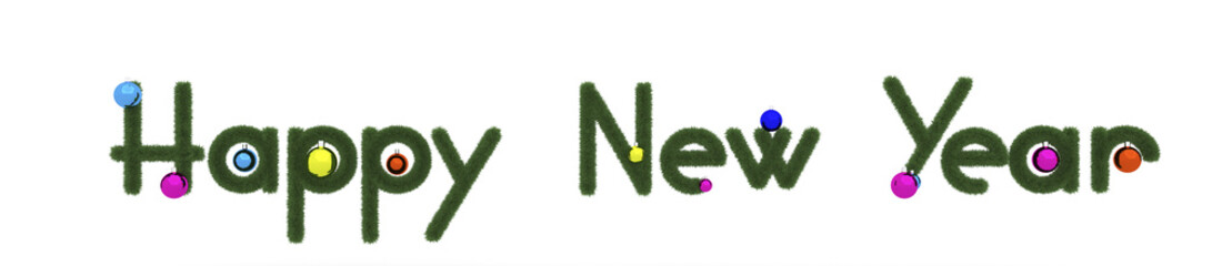 Inscription Happy New Year, made of fir branches and decorated with Christmas colored balls, 3d render, 3d illustration