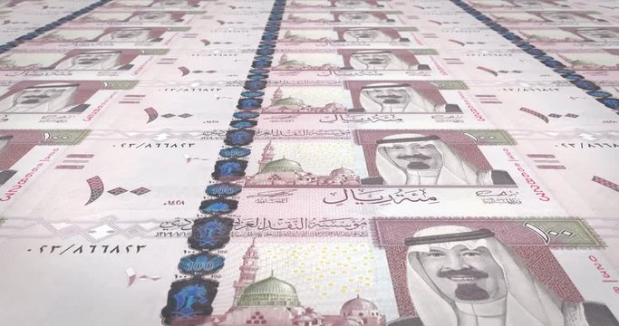 Banknotes of one hundred Saudi riyals of Saudi Arabia, cash money, loop