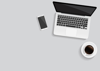 Fototapeta na wymiar Minimal office with computer and a cup of coffee, vector illustration