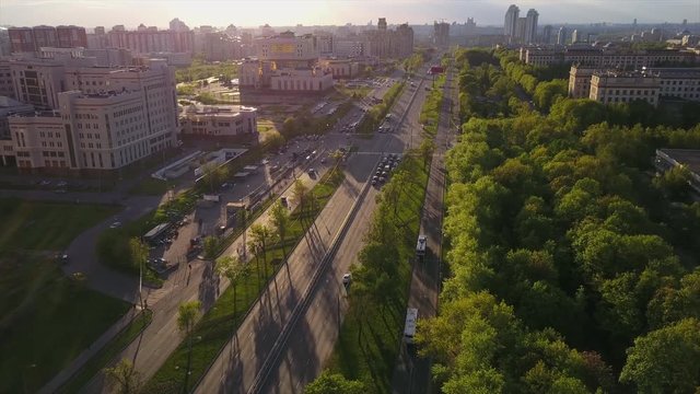 sunset time moscow state university traffic lomonosov avenue aerial panorama 4k russia
