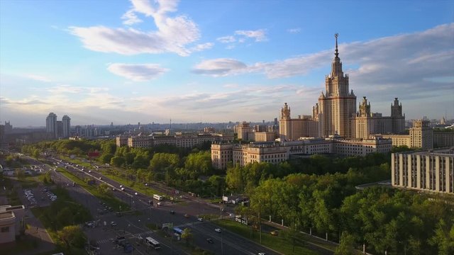 sunset time moscow state university lomonosov prospect aerial panorama 4k russia
