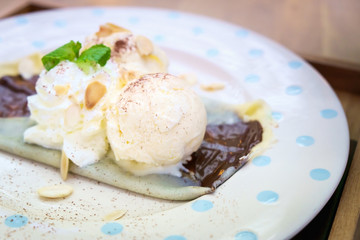Ice cream with chocolate crepe