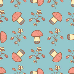 Seamless pattern with mushrooms and berries. Summer background. Hand drawn doodling.