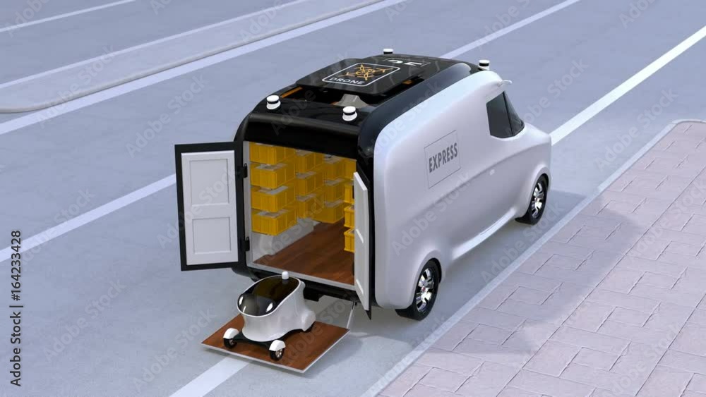Aufkleber delivery van releasing self-driving robots and drone to delivering parcels. automatic delivery syste