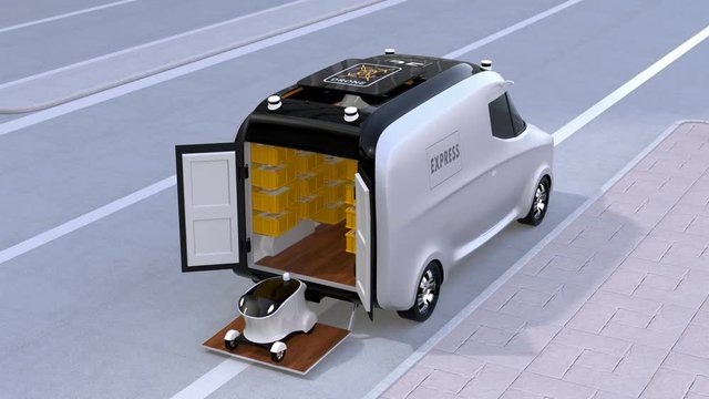 Delivery van releasing self-driving robots and drone to delivering parcels. Automatic delivery system concept. 3D rendering animation.