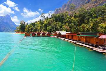 Beautiful mountains and river natural attractions in Ratchaprapha Dam at Khao Sok National Park, Surat Thani Province, Thailand.