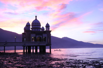 INDONESIA, JAN 8, 2017 :  Beautiful sunrise of Masjid Terapung (Mosque) in Palu, Indonesia