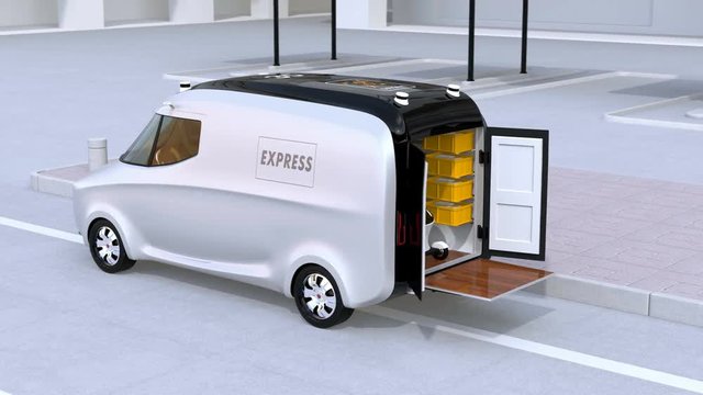 Delivery van releasing a self-driving delivery robot by tail lift. Automatic delivery system concept. 3D rendering animation.