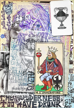 Esoteric graffiti and manuscipts with collages,symbols,draws and scraps