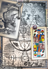 Graffitis et manuscrits ésotériques avec collages, symboles, dessins et restes