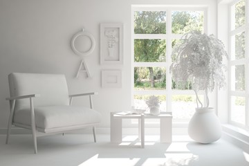 Idea of white room with armchair. Scandinavian interior design. 3D illustration