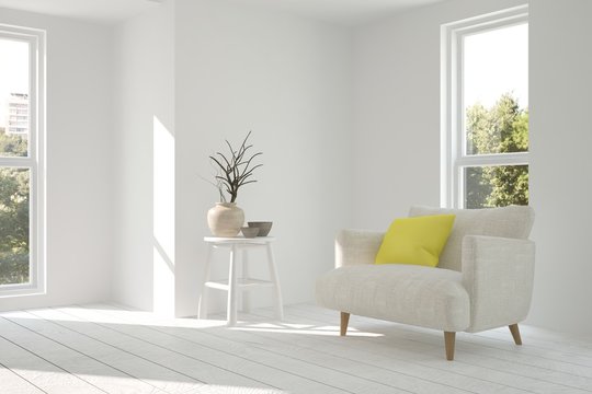 White minimalist room with armchair. Scandinavian interior design. 3D illustration