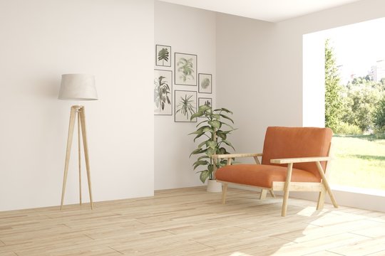 White minimalist room with orange armchair. Scandinavian interior design. 3D illustration