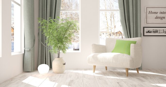 Idea of white modern room with armchair. Scandinavian interior design. 3D illustration