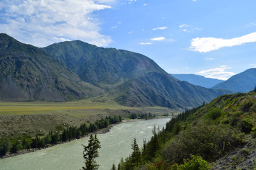 Fototapeta na wymiar Landscape of Katun river and Altai mountains. Altay Republic, Siberia, Russia.