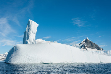 Icebergs, glaciers and mountains along the Antarctic Peninsula.
