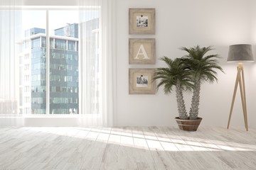 Idea of white empty room with flower and urban landscape in window. Scandinavian interior design. 3D illustration