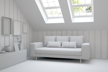 White minimalist room with sofa. Scandinavian interior design. 3D illustration