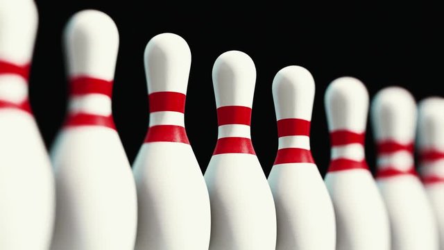 Seamlessly looping pan over an endless array of upright ten pin bowling pins. This video is a 3d render.
